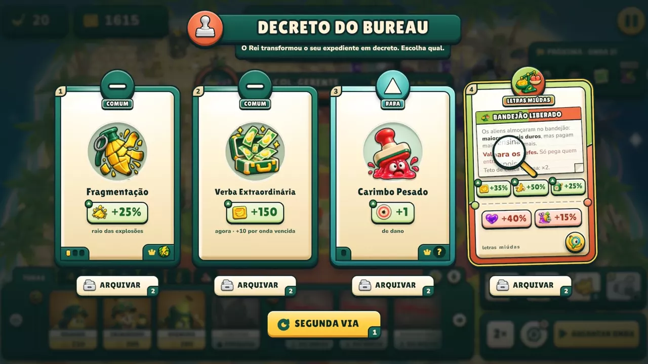 Tela de decretos do Bureau: quatro cartas de decreto para escolher entre as ondas, uma delas com letras miúdas sob a lupa